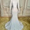 White Satin Crystals Mermaid Prom Evening Wedding Party Dress Celebrity Pageant Wedding Guest Gown Bridal Gown