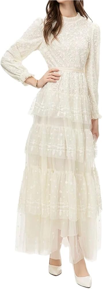 Women Cascading Ruffle Drape Long skirtElegant French Print Lace High Waist Summer Dress Casual Party Cocktail Evening Gown