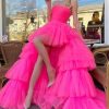2025 Ball Gown High Low Prom Homecoming Cocktail Dresses Strapless Layers Tulle Ruffle