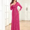 Glitter Sequin Formal Evening Gown Long Sleeve V Neck Wedding Guest Dress for Women