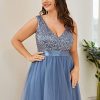 Womens Double V Neck A Line High Low Sequin Tulle Plus Size Formal Dresses for Curvy Women 0147A-DA