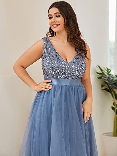 Womens Double V Neck A Line High Low Sequin Tulle Plus Size Formal Dresses for Curvy Women 0147A-DA