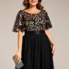 Women's Round Neck Short Sleeves Plus Size A-Line Tulle Sequin Formal Evening Dresses 0904-DA2