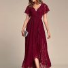 Women's Lace V Neck Ruffles Sleeves Pleated Empire Waist A-Line Maxi Formal Dresses 01489