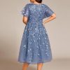 Women's V Neck Short Sleeves Embroidery Empire Waist Sequin Plus Size Midi Cocktail Wedding Guest Dresses 2230-DA