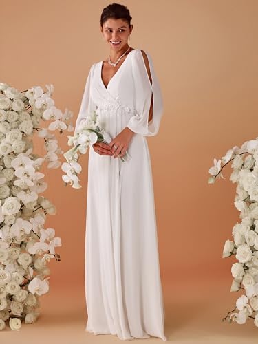 Women's V Neck Long Sleeves Floor Length Ruched Chiffon Formal Dress 00461