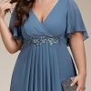 Chiffon V Neck Short Sleeves Appliques Plus Size Formal Dresses for Curvy Women Evening Gowns 01960-DA