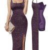 Sparkly Cocktail Dresses for Women Tummy Control Formal Shapewear Dress Square Neck Ruched Midi Dress Side Slit