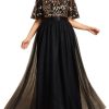 Women's Round Neck Short Sleeves Plus Size A-Line Tulle Sequin Formal Evening Dresses 0904-DA2