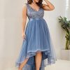 Womens Double V Neck A Line High Low Sequin Tulle Plus Size Formal Dresses for Curvy Women 0147A-DA