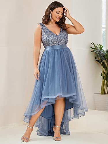 Womens Double V Neck A Line High Low Sequin Tulle Plus Size Formal Dresses for Curvy Women 0147A-DA