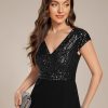 Women's Elegant V Neck Sequin Short Sleeve Hi-Lo Tea Length Evening Gowns 02325