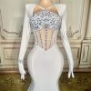 White Satin Crystals Mermaid Prom Evening Wedding Party Dress Celebrity Pageant Wedding Guest Gown Bridal Gown