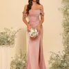 Off Shoulder Satin Bridesmaid Dress Long Mermaid Corset Prom Dress for Women Formal Gown with Slit