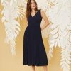 Elegant V-Neck Sleeveless Pleated Midi Wedding Guest Dresses for Women