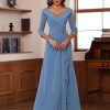 Chiffon Mother of The Bride Dresses for Wedding with 3/4 Sleeves Long Ruched Applique Formal Dress RS111