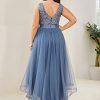 Womens Double V Neck A Line High Low Sequin Tulle Plus Size Formal Dresses for Curvy Women 0147A-DA