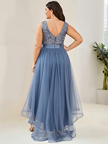 Womens Double V Neck A Line High Low Sequin Tulle Plus Size Formal Dresses for Curvy Women 0147A-DA