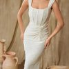 Elegant Lace Bodycon Fishtail Dress Wedding Guest Fishbone Shoulder Strap Ruched Midi Party Dress for Women