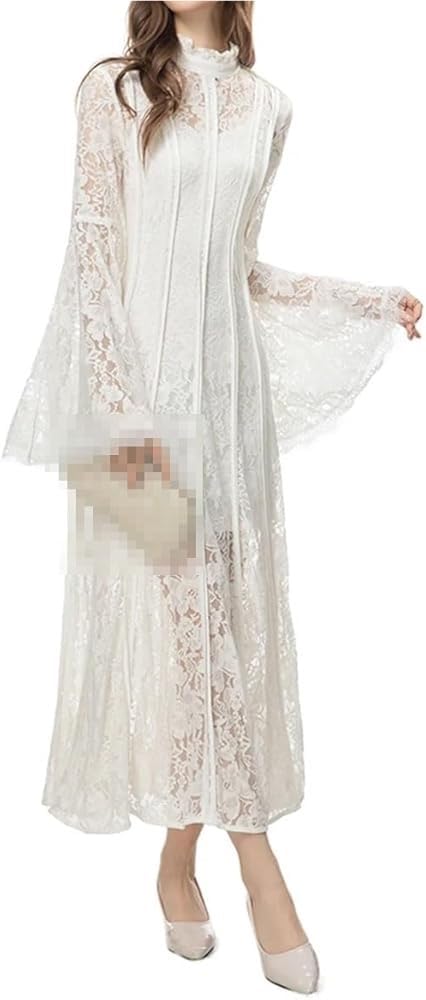 Women's Vintage Striped Hollow Lace Long Sleeve Dress Suspender Inner Slim Fit Maxi Dresses