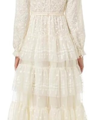 Women Cascading Ruffle Drape Long skirtElegant French Print Lace High Waist Summer Dress Casual Party Cocktail Evening Gown