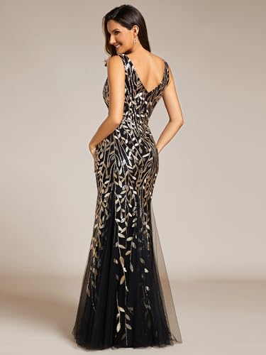 41tYNyWa4AL.jpg Women's Formal Dress Sequin Tulle Double V-Neck Sleeveless Mermaid Long Evening Dress 07886