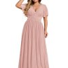 Women's A Line V Neck Glitter Short Sleeves Pleated Plus Size Formal Evening Dresses 11961-DA
