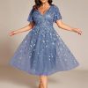 Women's V Neck Short Sleeves Embroidery Empire Waist Sequin Plus Size Midi Cocktail Wedding Guest Dresses 2230-DA