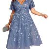 Women's V Neck Short Sleeves Embroidery Empire Waist Sequin Plus Size Midi Cocktail Wedding Guest Dresses 2230-DA