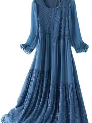 Womens Black Dress Solid Crew Neck Lace Embroidery A Line Midi Beach Holiday Party Dresses