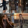 Lace Fishbone Midi Cocktail Party Bandage Dress for Women Back Slit Wedding Guest Dress