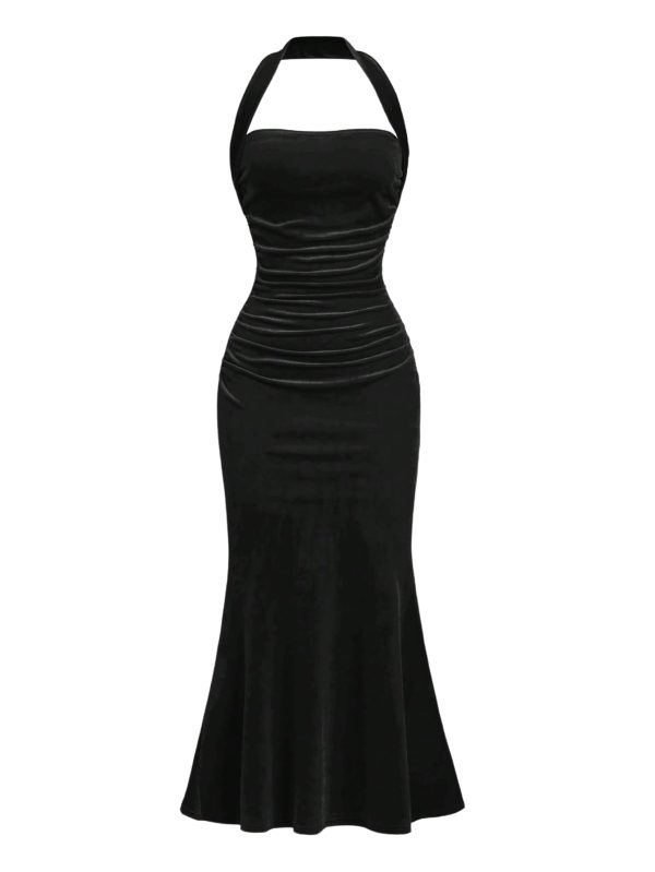 Girl's Velvet Halter Long Dress Elegant Sleeveless Bodycon Fishtail Dresses