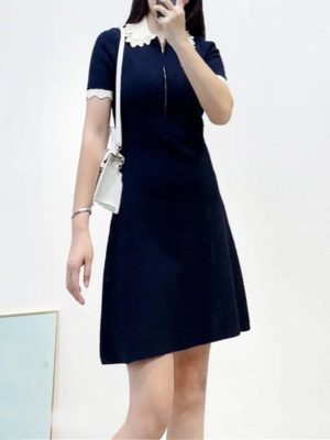 Women's 2025 Knit Lace Collar Dress - Short Sleeve Color Block