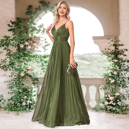 Sexy Backless Maxi Formal Dress for Women with Sequin, Sleeveless Pleated Evening Gowns for Wedding and Cocktail