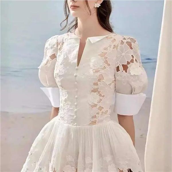 Women’s Dress V-Neck Puff Half Sleeve Summer Ball Gown Casual Solid Floral Lace Slim Fit Dresses