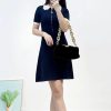 Women's 2025 Knit Lace Collar Dress - Short Sleeve Color Block