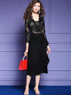 Women Elegant Cocktail Party Dress Ruffles Lace Midi Dresses Fashionable Appliques Bodycon Formal Evening Guest Outfit
