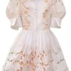 Women’s Dress V-Neck Puff Half Sleeve Summer Ball Gown Casual Solid Floral Lace Slim Fit Dresses