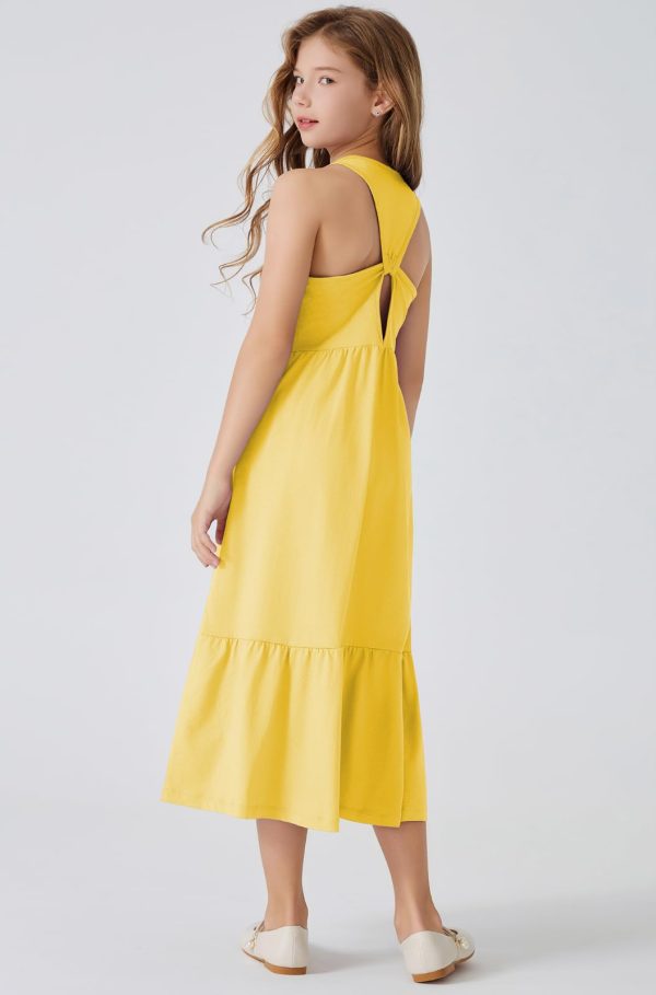 Girls Summer Maxi Dress Sleeveless Back Detailed Tiered Sundress with Pockets 5-12 Years