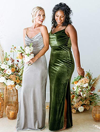 Women's Cowl Neck Velvet Bridesmaid Dresses Long Modern Formal Wedding Guest Dress with Side Slit M005