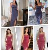 Sparkly Cocktail Dresses for Women Tummy Control Formal Shapewear Dress Square Neck Ruched Midi Dress Side Slit