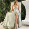 Cowl Neck Satin Bridesmaid Dresses Long with Slit Spaghetti Straps Formal Prom Evening Gowns with Pockets 2025