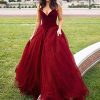 V Neck Velvet and Tulle Long Ball Gown Corset Formal Evening Prom Dresses