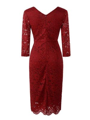 Red Elegant Lace Office Ladies Pencil Dress Vintage Women's V-Neck 3/4 Long Sleeve Slim Tight Dress
