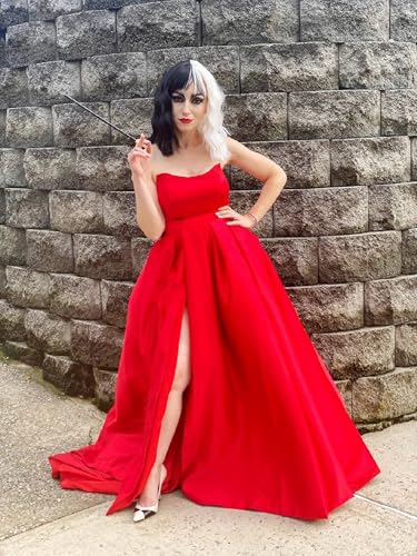 Womens Long Strapless Satin Prom Dress Sleeveless Slit Evening Ball Gown with Pockets