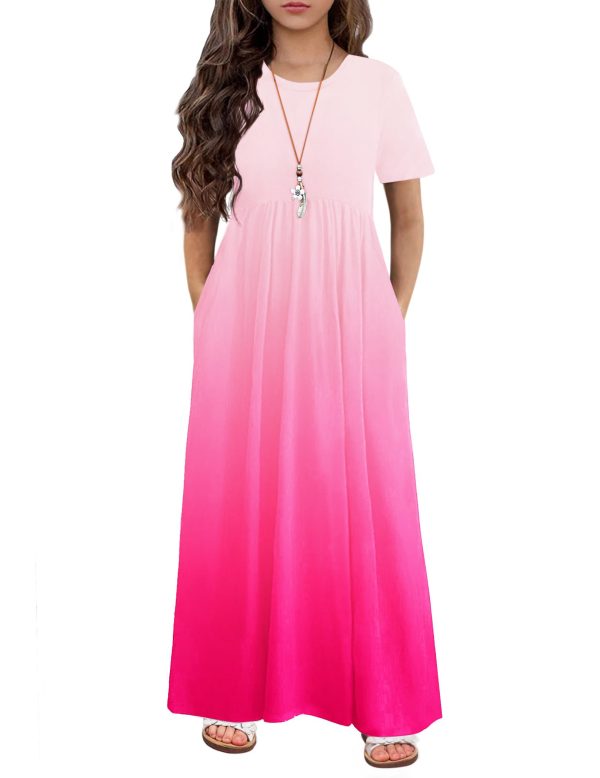 Girls Maxi Dress Long/Short Sleeve Casual Holiday Dress with Pockets for 5-13 Years