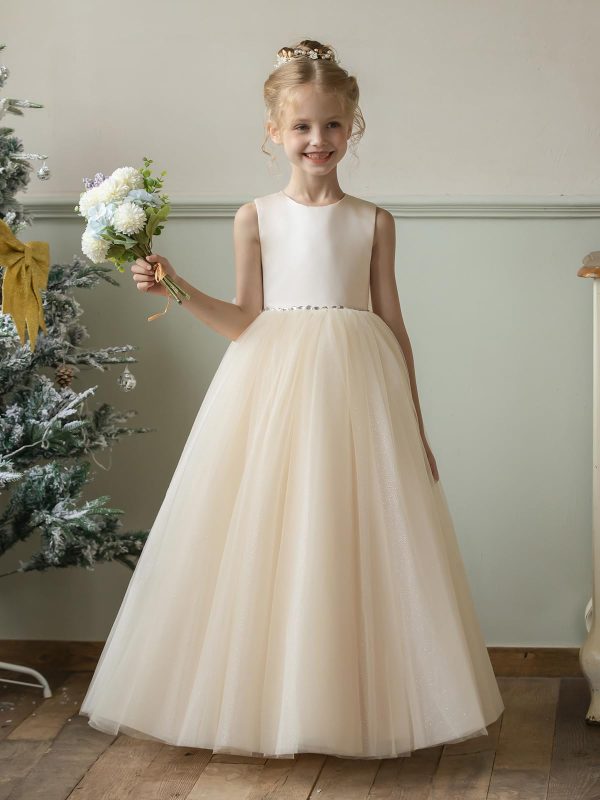 Flower Girl Dresses for Wedding Puffy Satin Tulle Princess Pageant Dress for Girls Crew Neck Tulle Bow Prom Ball Gowns
