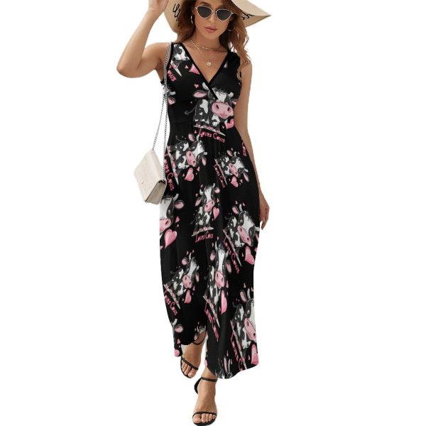 Loves Cows Cute Cow Print Womens Casual Sleeveless Dress Maxi Long Beach Dress Sundress