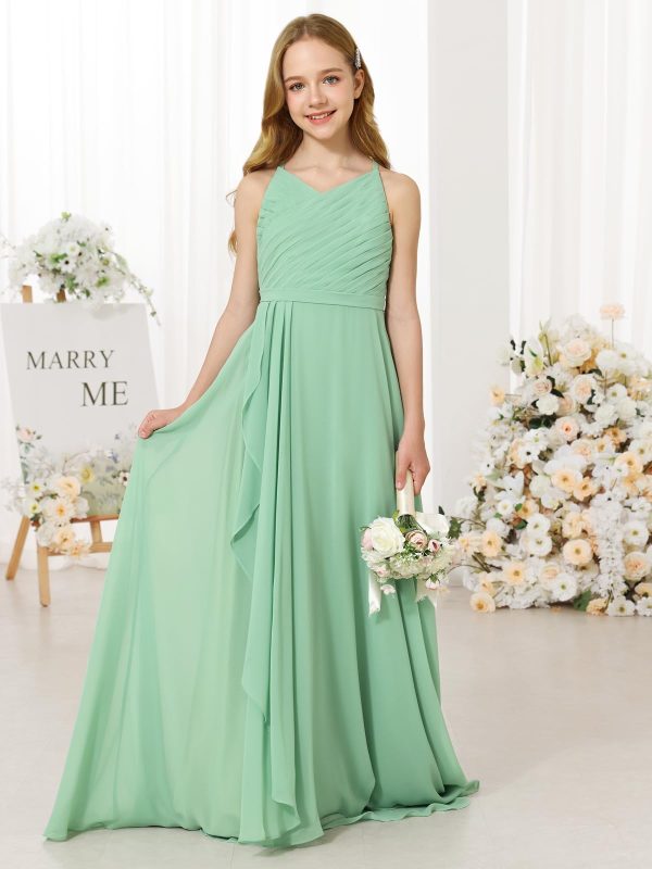 Girl's Flowing Chiffon Flower Girls Dresses Ruched Spaghetti Strap V-Neck Junior Girl Wedding Bridesmaid Dress
