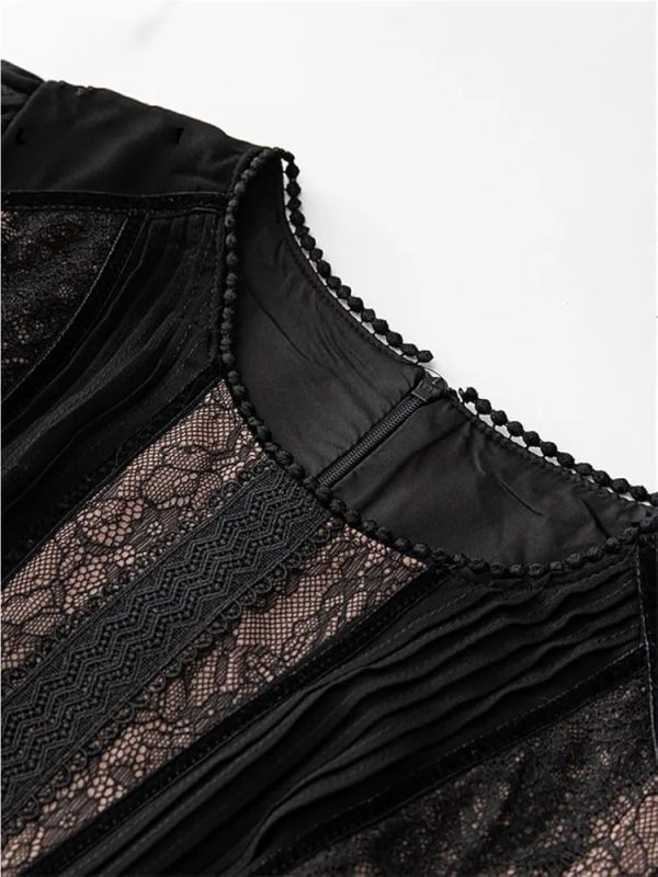 Women's Retro Lace Spliced Chiffon Dress Round Neck Hollow Layered Elegant Party Festive Dresses